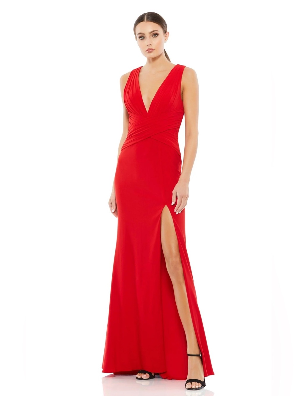 Mac Duggal Red Ruched Gown Size 4 NWT Prom Wedding Gala Formal High Slit Wedding